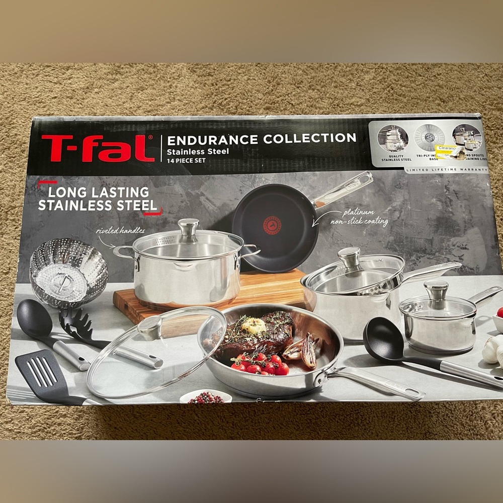 NWOT T-fal Stainless Steel 14 Piece Cookware Set